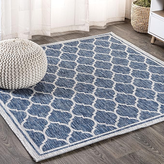 JONATHAN Y Moroccan Trellis Indoor Outdoor Square Area Rug 5X5 Navy/Gray, Trebol Textured Weave for Backyard, Patio, Porch, Easy-Cleaning, High Traffic, Pet-Friendly, Non-Shedding (SMB109D-5SQ)