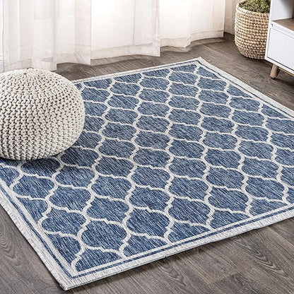 JONATHAN Y Moroccan Trellis Indoor Outdoor Square Area Rug 5X5 Navy/Gray, Trebol Textured Weave for Backyard, Patio, Porch, Easy-Cleaning, High Traffic, Pet-Friendly, Non-Shedding (SMB109D-5SQ)