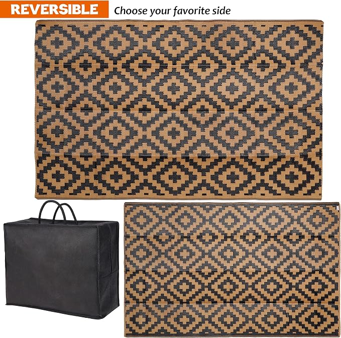 SAND MINE Reversible Mats, Plastic Straw Rug, Modern Area Rug, Large Floor Mat and Rug for Outdoors, RV, Patio, Backyard, Deck, Picnic, Beach, Trailer, Camping, Black & Brown, 5' x 8'
