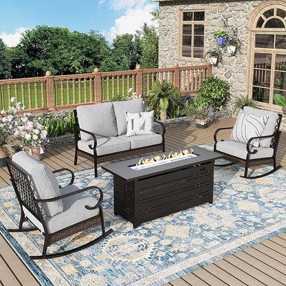 Patio Furniture Set with Firepit Table, Black Frame Outdoor Conversation Set with 2 x Rocking Chair, 1 x 2-Seat Sofa for Lawn Garden Backyard, Light Grey