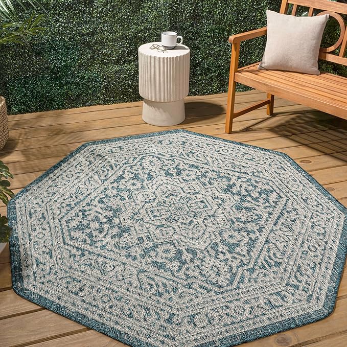JONATHAN Y Medallion Weave Indoor Outdoor Octagon Area Rug 8 Ft Teal Blue/Gray, Sinjuri Textured for Backyard, Patio, Porch, Easy-Cleaning, High Traffic, Pet-Friendly, Non-Shedding (SMB101C-8TGN)