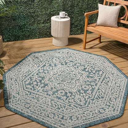 JONATHAN Y Medallion Weave Indoor Outdoor Octagon Area Rug 8 Ft Teal Blue/Gray, Sinjuri Textured for Backyard, Patio, Porch, Easy-Cleaning, High Traffic, Pet-Friendly, Non-Shedding (SMB101C-8TGN)
