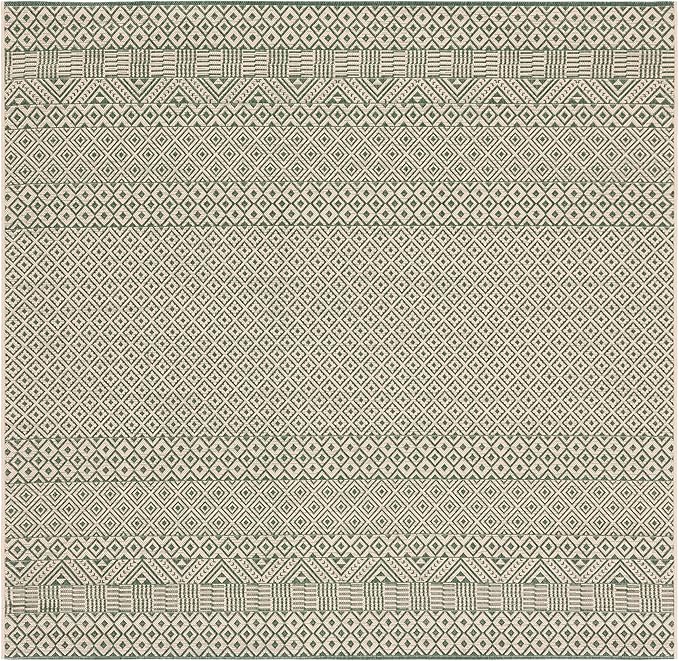 SAFAVIEH Washable Rug Outdoor Courtyard Collection - 6'7" Square, Dark Green & Beige, Non-Shedding & Easy Cleaning, Ideal for Patio, Backyard, Mudroom (CY6235-32212)