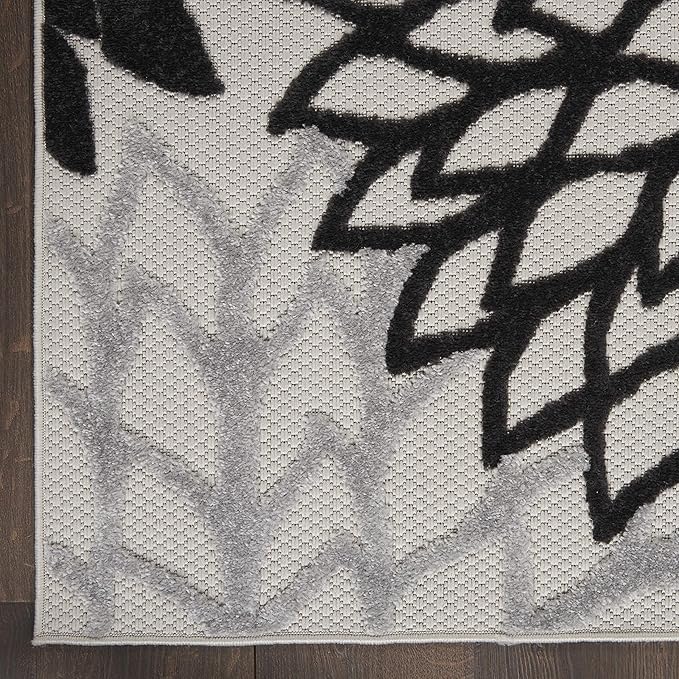 Nourison Aloha Indoor/Outdoor Black White 2'3'' x 8' Area-Rug, Tropical, Botanical, Easy-Cleaning, Non Shedding, Bed Room, Living Room, Dining Room, Deck, Backyard, Patio (2x8)