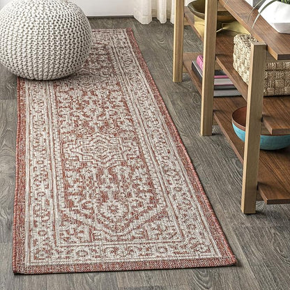 JONATHAN Y Medallion Weave Indoor Outdoor Runner Rug 2X8 Red/Taupe, Sinjuri Textured for Backyard, Patio, Porch, Easy-Cleaning, High Traffic, Pet-Friendly, Non-Shedding (SMB101A-28)