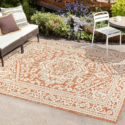 JONATHAN Y Medallion Weave Indoor Outdoor Area Rug 4X6 Orange/Cream, Sinjuri Textured for Backyard, Patio, Porch, Easy-Cleaning, High Traffic, Pet-Friendly, Non-Shedding (SMB101F-4)