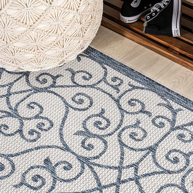 JONATHAN Y Vintage Filigree Indoor Outdoor Runner Rug 2X10 Blue/Cream, Madrid Textured Weave for Backyard, Patio, Porch, Easy-Cleaning, High Traffic, Pet-Friendly, Non-Shedding (SMB107F-210)