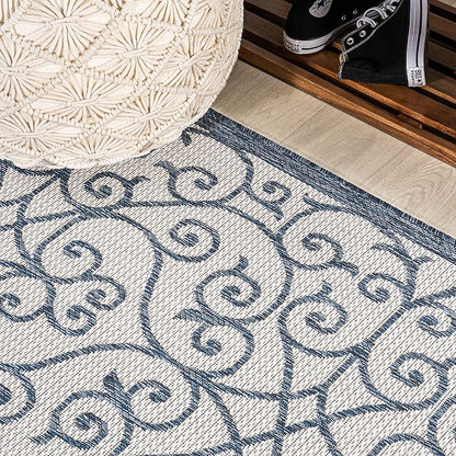 JONATHAN Y Vintage Filigree Indoor Outdoor Runner Rug 2X10 Blue/Cream, Madrid Textured Weave for Backyard, Patio, Porch, Easy-Cleaning, High Traffic, Pet-Friendly, Non-Shedding (SMB107F-210)