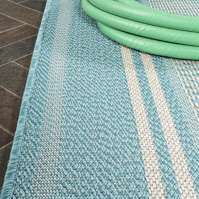 JONATHAN Y Double Stripe Indoor Outdoor Runner Rug 2X8 Aqua/Beige, Haynes Modern for Backyard, Patio, Porch, Easy-Cleaning, High Traffic, Pet-Friendly, Non-Shedding (SMB202A-28)