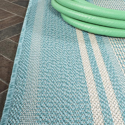 JONATHAN Y Double Stripe Indoor Outdoor Runner Rug 2X8 Aqua/Beige, Haynes Modern for Backyard, Patio, Porch, Easy-Cleaning, High Traffic, Pet-Friendly, Non-Shedding (SMB202A-28)