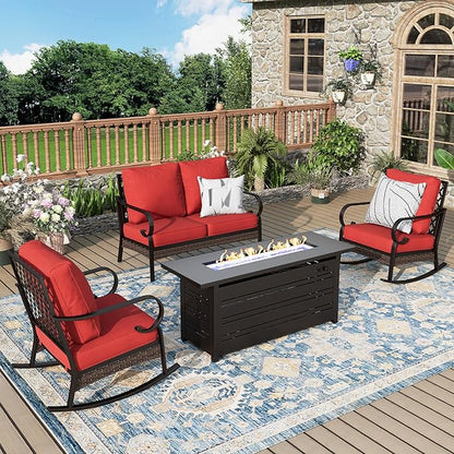 Patio Furniture Set with Firepit Table, Black Frame Outdoor Conversation Set with 2 x Rocking Chair, 1 x 2-Seat Sofa for Lawn Garden Backyard, Red