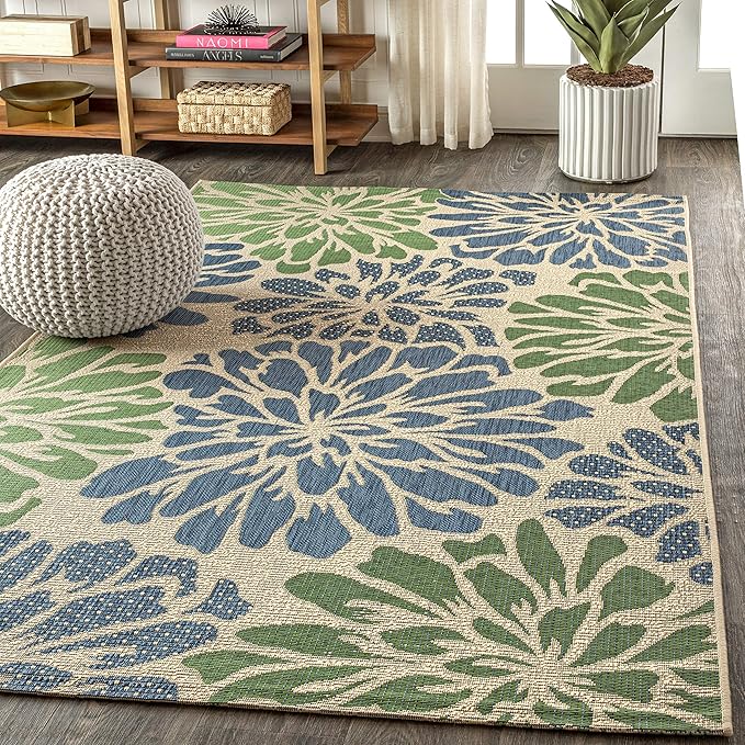 JONATHAN Y Floral Textured Weave Indoor Outdoor Area Rug 3X5 Navy/Green, Zinnia Modern for Backyard, Patio, Porch, Easy-Cleaning, High Traffic, Pet-Friendly, Non-Shedding (SMB110B-3)