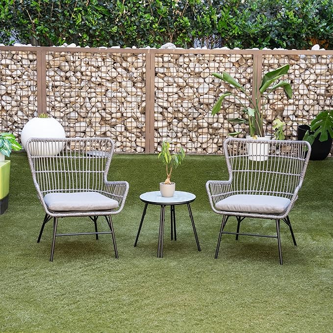 Alpine Corporation Patio Furniture 3 Pieces Outdoor Resin Wicker Conversation with Cushions Bistro Set for Patio & Deck, Gray