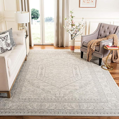 SAFAVIEH Adirondack Collection Area Rug - 6' Square, Ivory & Silver, Oriental Medallion Design, Non-Shedding & Easy Care, Ideal for High Traffic Areas in Living Room, Bedroom (ADR108B)