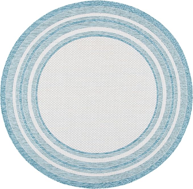 SAFAVIEH Washable Rug Outdoor Courtyard Collection - 6'7" Round, Ivory & Aqua Blue, Non-Shedding & Easy Cleaning, Ideal for Patio, Backyard, Mudroom (CY8475-53612)