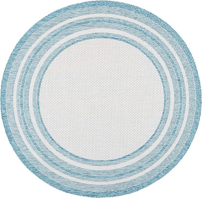 SAFAVIEH Washable Rug Outdoor Courtyard Collection - 4' Round, Ivory & Aqua Blue, Non-Shedding & Easy Cleaning, Ideal for Patio, Backyard, Mudroom (CY8475-53612)