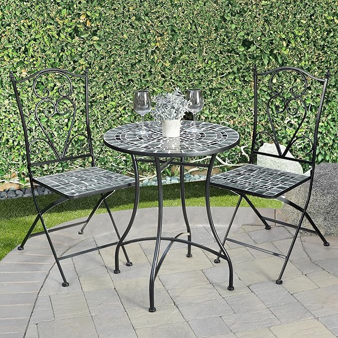 Alpine Corporation Indoor/Outdoor Marbled Glass Mosaic 3-Piece Bistro Set Folding Table and Chairs Patio Seating