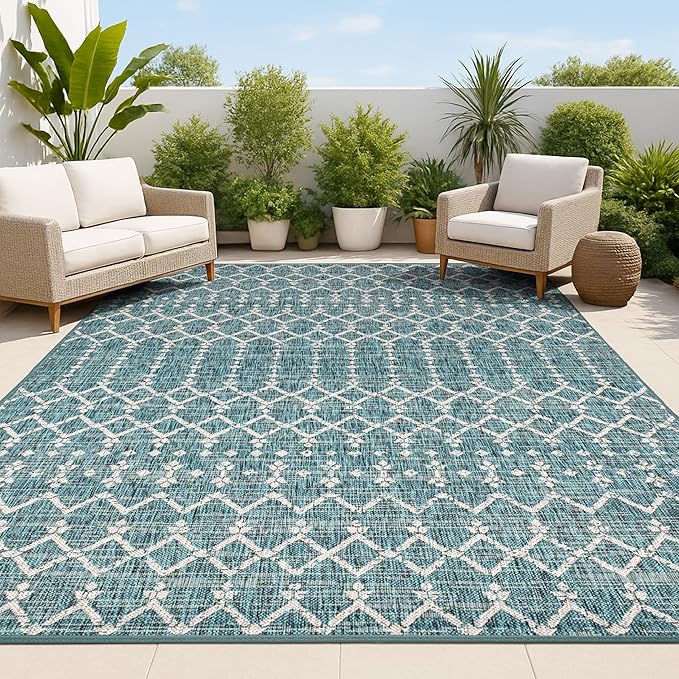 JONATHAN Y Moroccan Geometric Indoor Outdoor Area Rug 10X14 Teal/Gray, Ourika Textured Weave for Backyard, Patio, Porch, Easy-Cleaning, High Traffic, Pet-Friendly, Non-Shedding (SMB108C-14)