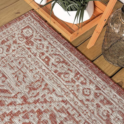 JONATHAN Y Medallion Weave Indoor Outdoor Runner Rug 2X8 Red/Taupe, Sinjuri Textured for Backyard, Patio, Porch, Easy-Cleaning, High Traffic, Pet-Friendly, Non-Shedding (SMB101A-28)