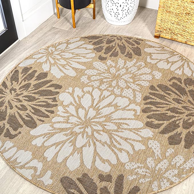 JONATHAN Y Floral Textured Weave Indoor Outdoor Round Area Rug 6 Ft Brown/Cream, Zinnia Modern for Backyard, Patio, Porch, Easy-Cleaning, High Traffic, Pet-Friendly, Non-Shedding (SMB110I-6R)