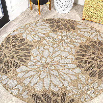 JONATHAN Y Floral Textured Weave Indoor Outdoor Round Area Rug 6 Ft Brown/Cream, Zinnia Modern for Backyard, Patio, Porch, Easy-Cleaning, High Traffic, Pet-Friendly, Non-Shedding (SMB110I-6R)