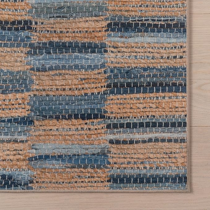 Dash & Albert Ravel Stripe Blue Machine Washable Rug, 3 X 5 Feet, Tan/Blue Stripe Pattern
