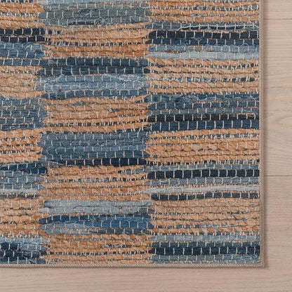 Dash & Albert Ravel Stripe Blue Machine Washable Rug, 3 X 5 Feet, Tan/Blue Stripe Pattern