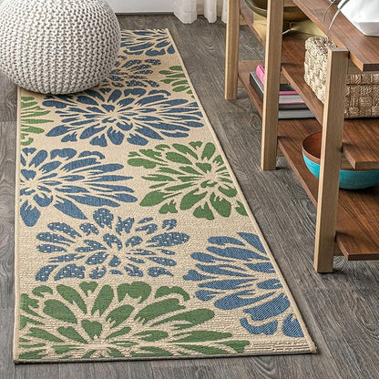 JONATHAN Y Floral Textured Weave Indoor Outdoor Runner Rug 2X10 Navy/Green, Zinnia Modern for Backyard, Patio, Porch, Easy-Cleaning, High Traffic, Pet-Friendly, Non-Shedding (SMB110B-210)