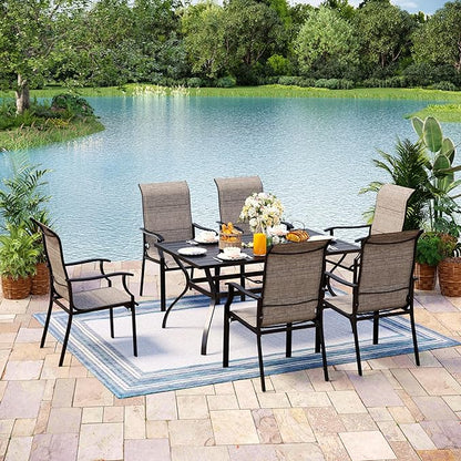7 Pieces Patio Table and Chairs Set, 6 People Patio Dining Furniture Set, 6 Textilene Standard Chairs and Rectangular Metal Table with Umbrella Hole, for Deck Garden Backyard