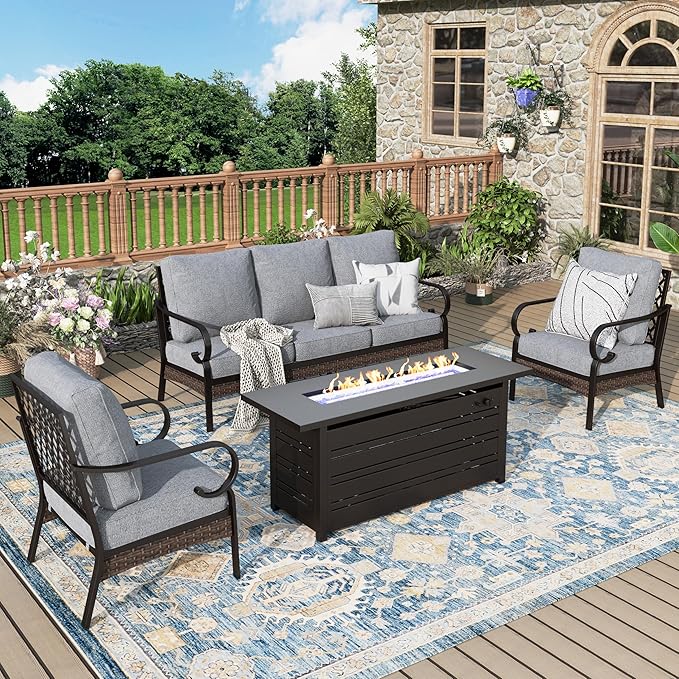 Patio Furniture Set with Firepit Table, Black Frame Outdoor Conversation Set with 2 x Fixed Chairs, 1 x 3-Seat Sofa for Lawn Garden Backyard, Grey
