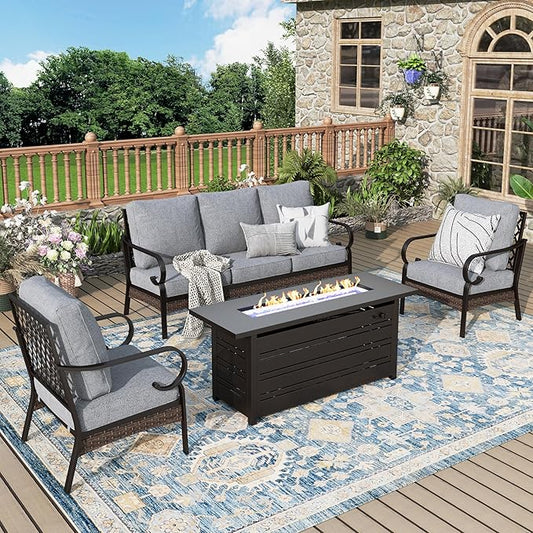 Patio Furniture Set with Firepit Table, Black Frame Outdoor Conversation Set with 2 x Fixed Chairs, 1 x 3-Seat Sofa for Lawn Garden Backyard, Grey