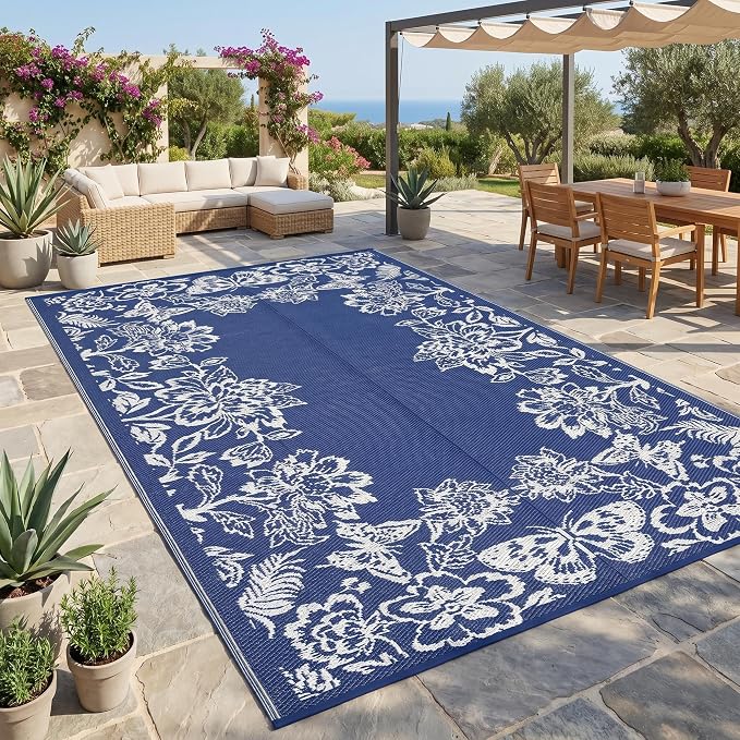 Garvee Outdoor Rugs 9' x 18’ Waterproof Reversible Mats, Large Area Plastic Straw Rug, Outside Carpet, Butterfly Floral Rv Mat for Patio Camping Picnic Backyard Deck Balcony Porch Beach Trailer