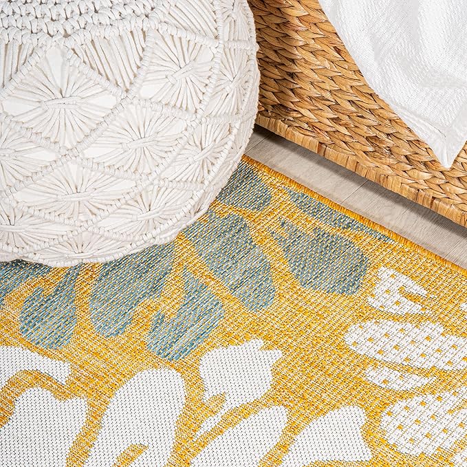 JONATHAN Y Floral Textured Weave Indoor Outdoor Round Area Rug 5 Ft Yellow/Cream, Zinnia Modern for Backyard, Patio, Porch, Easy-Cleaning, High Traffic, Pet-Friendly, Non-Shedding (SMB110G-5R)