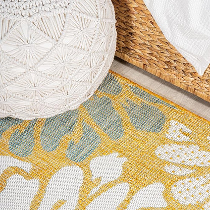 JONATHAN Y Floral Textured Weave Indoor Outdoor Round Area Rug 5 Ft Yellow/Cream, Zinnia Modern for Backyard, Patio, Porch, Easy-Cleaning, High Traffic, Pet-Friendly, Non-Shedding (SMB110G-5R)