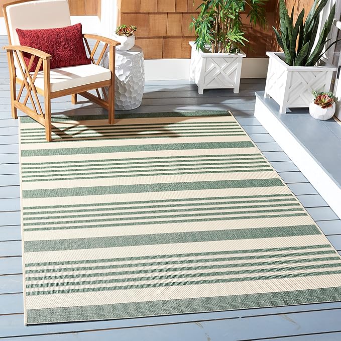 SAFAVIEH Washable Rug Outdoor Courtyard Collection - 4' Square, Beige & Dark Green, Non-Shedding & Easy Cleaning, Ideal for Patio, Backyard, Mudroom (CY6062-322)