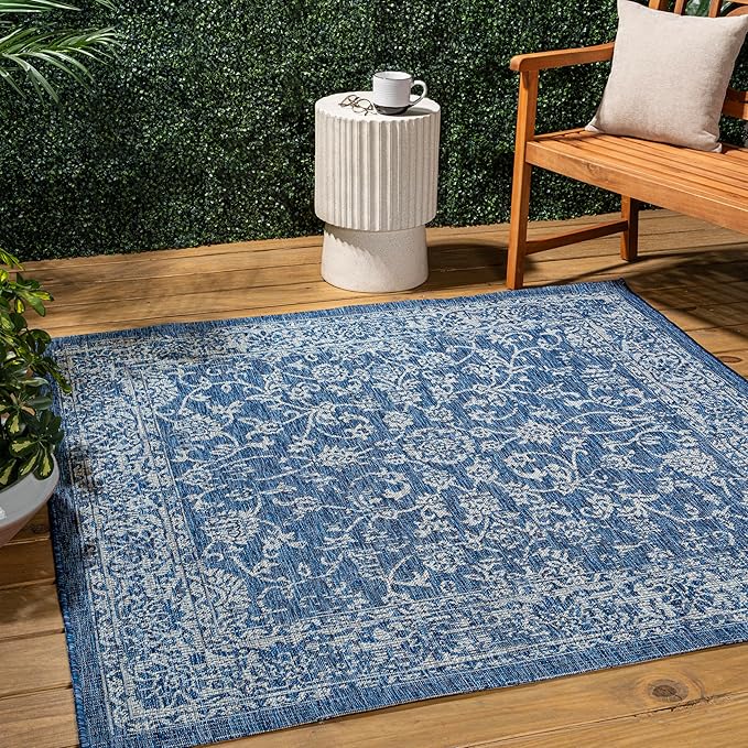 JONATHAN Y Weave Floral Indoor Outdoor Square Area Rug 5X5 Navy/Gray, Tela Bohemian Textured for Backyard, Patio, Porch, Easy-Cleaning, High Traffic, Pet-Friendly, Non-Shedding (SMB100B-5SQ)
