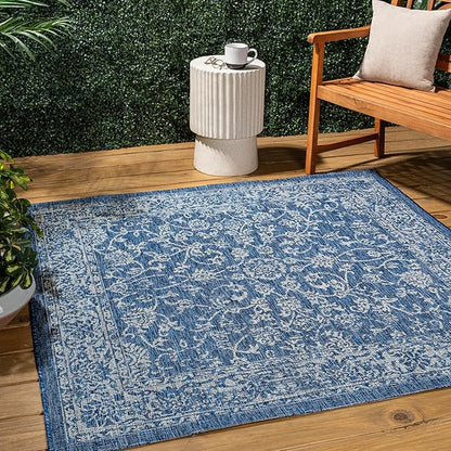 JONATHAN Y Weave Floral Indoor Outdoor Square Area Rug 5X5 Navy/Gray, Tela Bohemian Textured for Backyard, Patio, Porch, Easy-Cleaning, High Traffic, Pet-Friendly, Non-Shedding (SMB100B-5SQ)