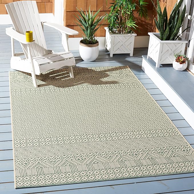 SAFAVIEH Washable Rug Outdoor Courtyard Collection - 6'7" Square, Dark Green & Beige, Non-Shedding & Easy Cleaning, Ideal for Patio, Backyard, Mudroom (CY6235-32212)
