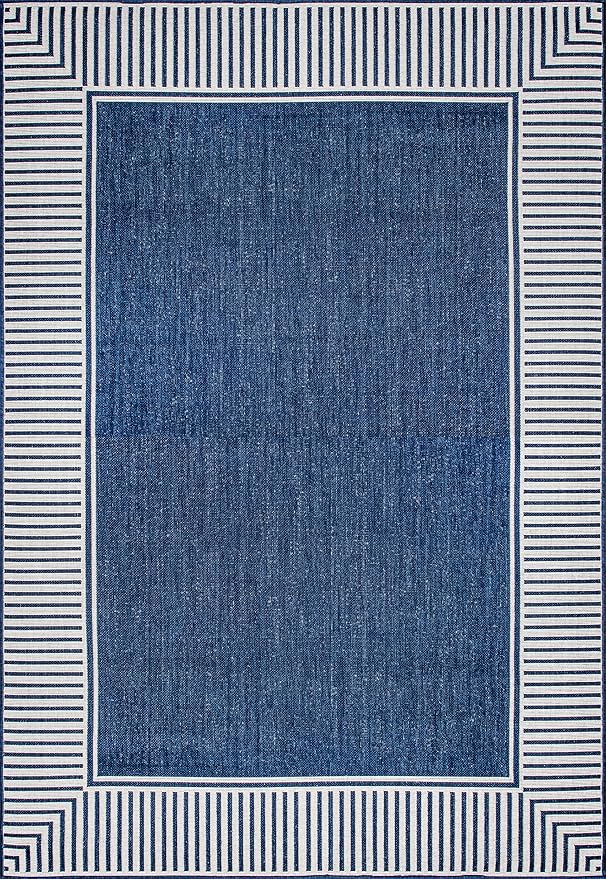 nuLOOM 8' Square Outdoor Area Rug, Casual Design with Striped Border, Stain Resistant, Highly Durable, for Patio, Balcony, Bedroom, Living Room, Dining Room, Bathroom, Navy