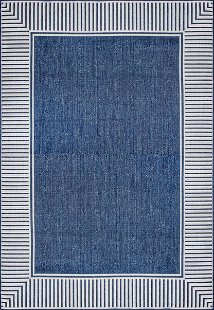 nuLOOM 8' Square Outdoor Area Rug, Casual Design with Striped Border, Stain Resistant, Highly Durable, for Patio, Balcony, Bedroom, Living Room, Dining Room, Bathroom, Navy