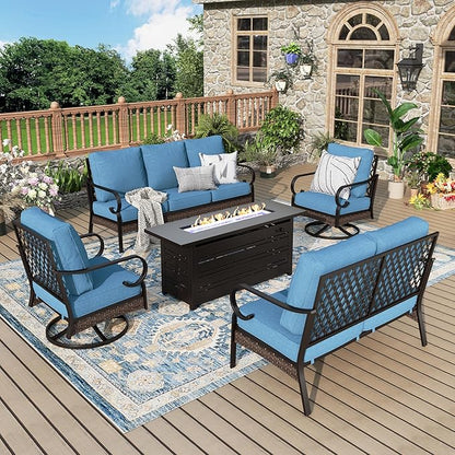 Patio Furniture Set with Firepit Table, Black Frame Outdoor Conversation Set with 2 x Swivel Chairs, 1 x 2-Seat Sofa, 1 x 3-Seat Sofa for Lawn Garden Backyard, Navy Blue