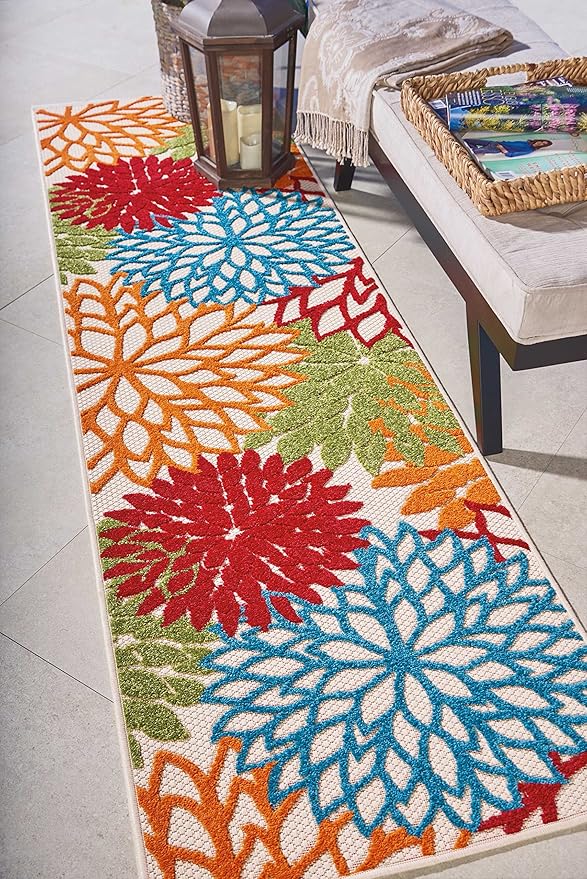 Nourison Aloha Indoor/Outdoor Green 2'3'' x 8' Area-Rug, Tropical, Botanical, Easy-Cleaning, Non Shedding, Bed Room, Living Room, Dining Room, Deck, Backyard, Patio (2x8)