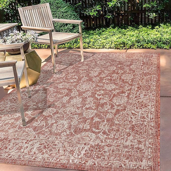 JONATHAN Y Weave Floral Indoor Outdoor Area Rug 5X8 Red/Taupe, Tela Bohemian Textured for Backyard, Patio, Porch, Easy-Cleaning, High Traffic, Pet-Friendly, Non-Shedding (SMB100A-5)