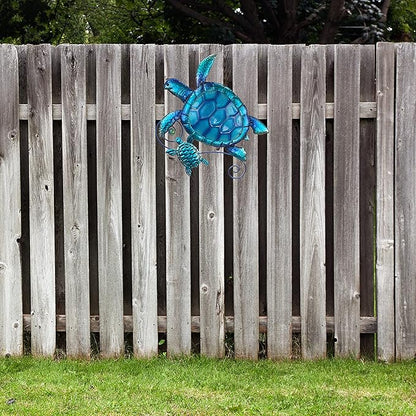 JOYBee Metal Sea Turtle Wall Art Decor Outdoor Indoor Nautical Hanging Art Blue Green Stained Glass Decorative Sculpture for Garden Pool Patio Balcony Kitchen or Bathroom(12.5 * 11inch)