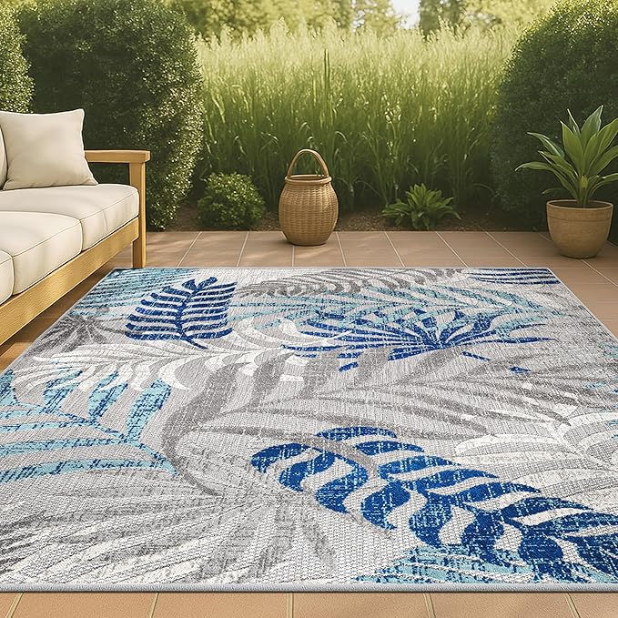 JONATHAN Y Tropics Palm Leaves Indoor Outdoor Area Rug 4X6 Gray/Blue, Boho for Backyard, Patio, Porch, Easy-Cleaning, High Traffic, Pet-Friendly, Non-Shedding (AMC100A-4)