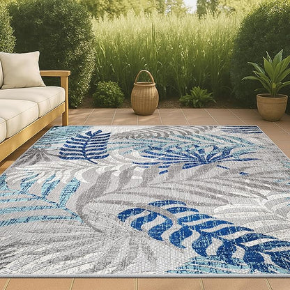 JONATHAN Y Tropics Palm Leaves Indoor Outdoor Area Rug 4X6 Gray/Blue, Boho for Backyard, Patio, Porch, Easy-Cleaning, High Traffic, Pet-Friendly, Non-Shedding (AMC100A-4)