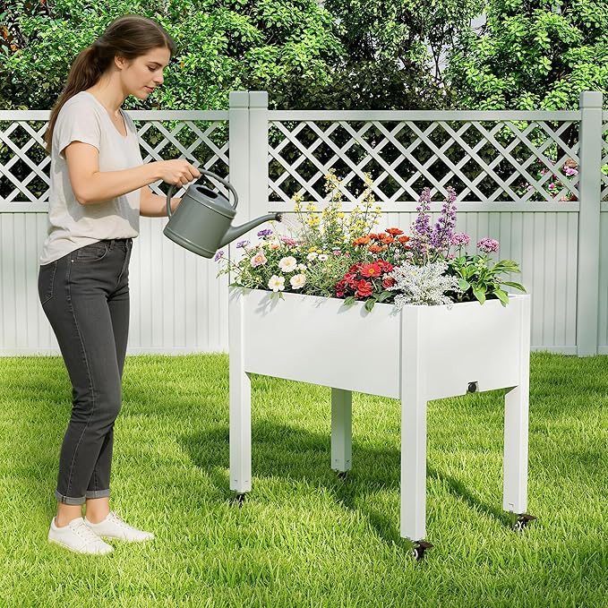 Elevated Raised Garden Bed with Wheels - Outdoor Mobile Resin Planter Box with Drainage Holes for Vegetables Flower Herbs, Weather Resistant (White)
