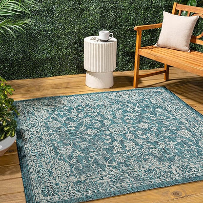 JONATHAN Y Weave Floral Indoor Outdoor Square Area Rug 5X5 Teal/Gray, Tela Bohemian Textured for Backyard, Patio, Porch, Easy-Cleaning, High Traffic, Pet-Friendly, Non-Shedding (SMB100C-5SQ)