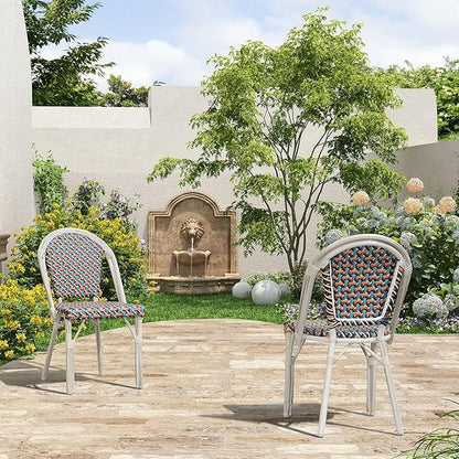 PURPLE LEAF Dining Chair Set of 2 Outdoor French Bistro Chairs Hand-Woven Aluminum Wicker Rattan Chairs for Garden Kitchen Backyard Porch White Print Finish Patio Chairs Colorful