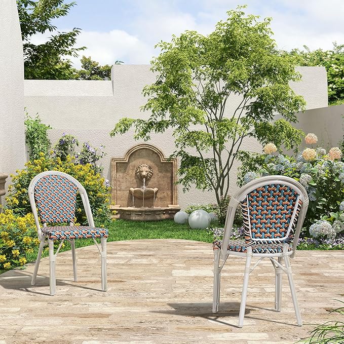 PURPLE LEAF Outdoor Dining Chair Set of 4 Aluminum Wicker Rattan Chairs for Garden Kitchen Backyard Porch White Print Finish Patio Chairs Colorful French Bistro Chair Set